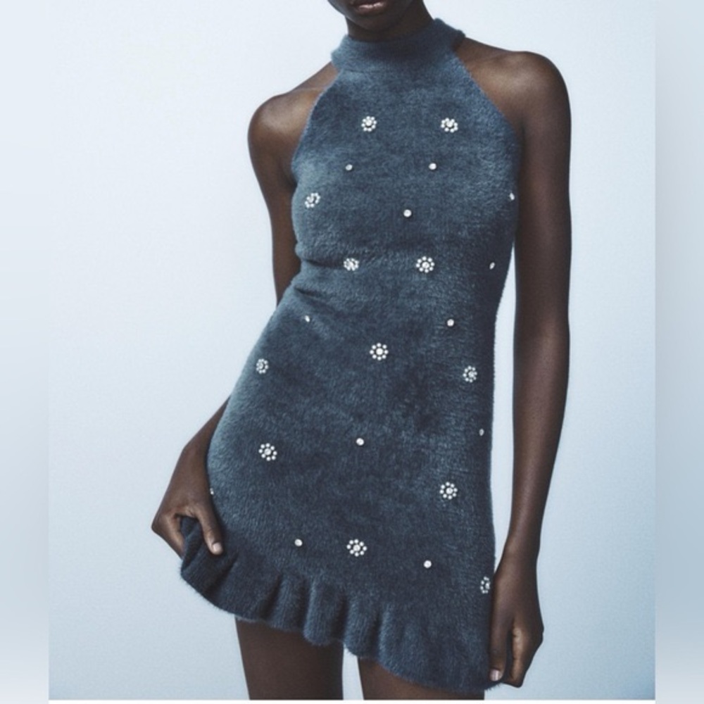 NWT Zara Faux Fur Beaded Halter Neck Dress